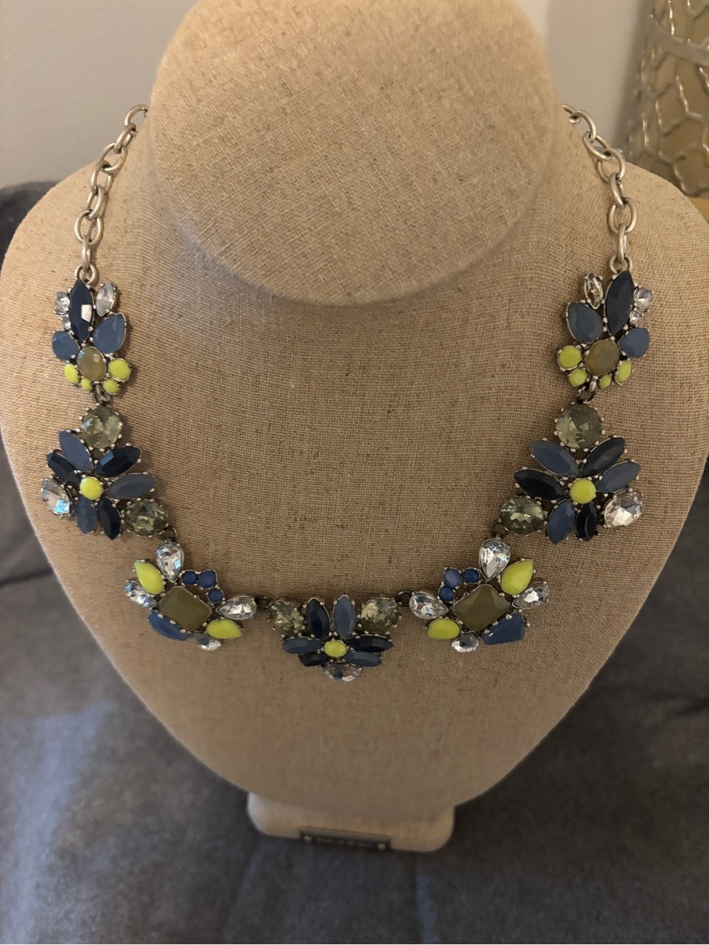 Stella & Dot Navy and Lime Floral Statement Necklace with Clear Accents